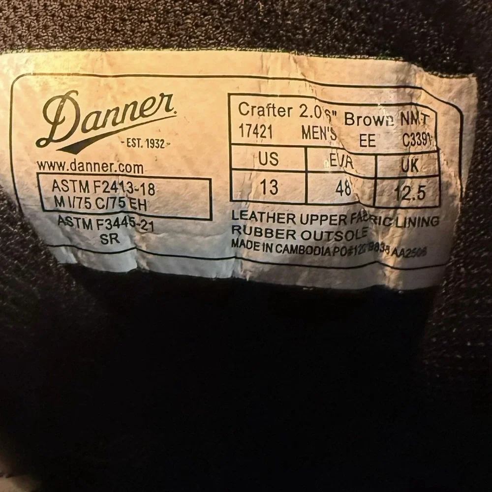 Danner Men's Crafter Size 13 EE Work Boot- 6″ Waterproof, Size Pre-owned